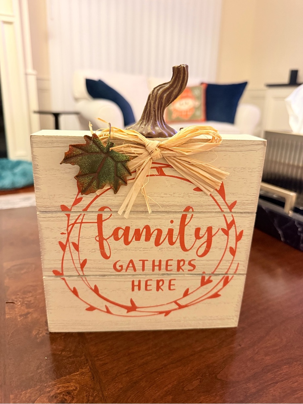Source Unknown White Wooden Pumpkin Block Sign with Orange Lettering